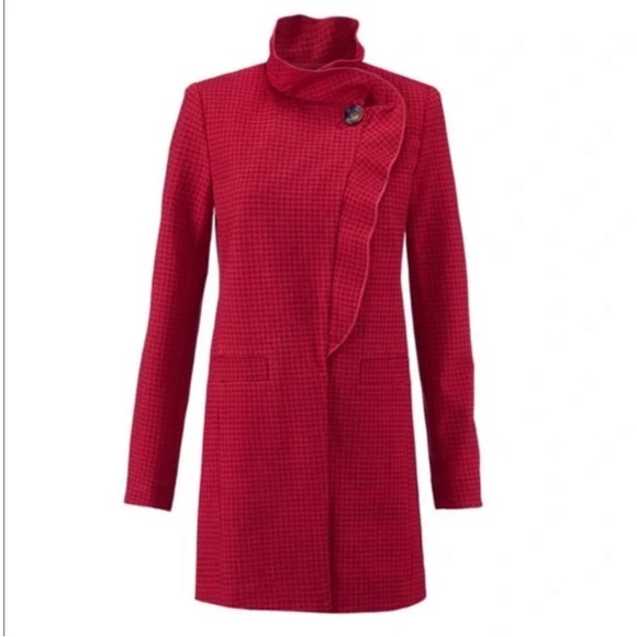 CAbi 3546 Celebration Houndstooth Red Ponte Long Jacket Coat Front Ruffle Large - Picture 4 of 16